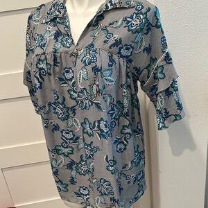 NY Collection Blue, Teal and Black Floral Blouse